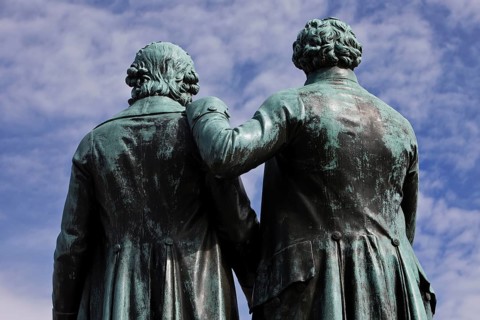 Rear view of double statue Goethe-Schiller monument by Ernst Rietschel