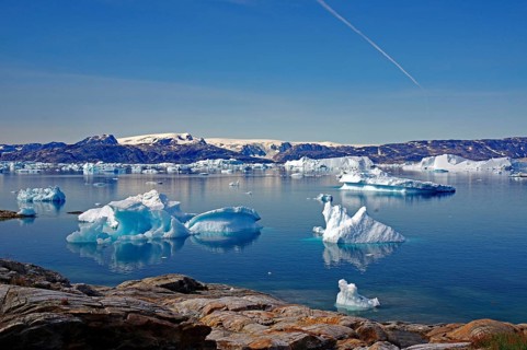 Icebergs reflected in a fjord