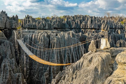 Hanging bridge over the Tsingys in the Unesco world heritage sight Tsingy de Bemaraha Strict Nature Reserve