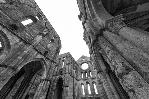 Archways of the ruined church of San Galgano Abbey