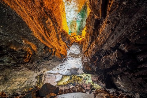 Stunning Verdes Cave with colorful illumination