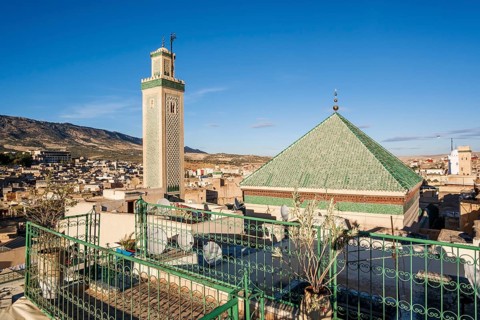 Famous al-Qarawiyyin mosque and University in heart of historic downtown of Fez