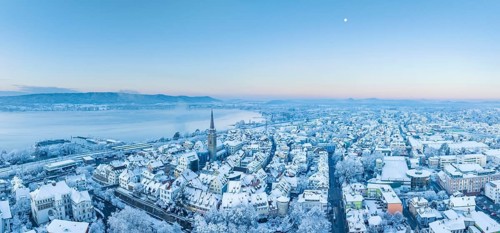 Aerial view of the town of Radolfzell on Lake Constance on a cold winter morning