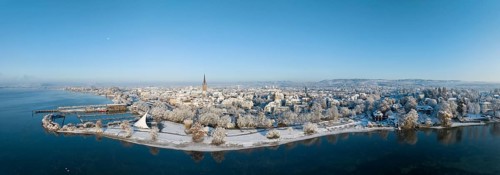 Aerial view of the town of Radolfzell on Lake Constance in winter