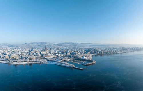 Aerial view of the town of Radolfzell on Lake Constance in winter