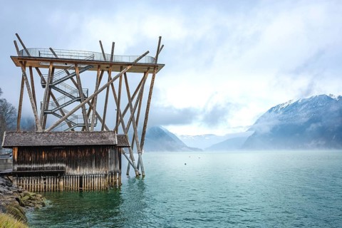Boathouses on the water