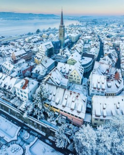 Aerial view of the town of Radolfzell on Lake Constance on a cold winter morning