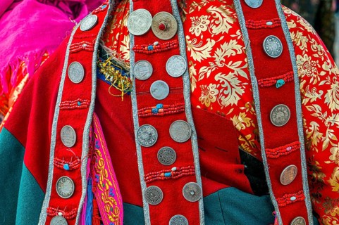 Close up of Traditional clothes on the festival of the tribes in Gerze Western Tibet
