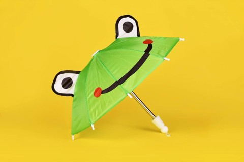 Cute green doll rain umbrella with frog face on yellow background