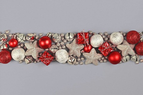 Silver and red Christmas ornaments like small gift boxes