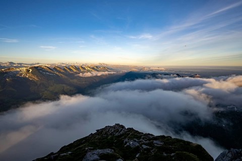 Summit of the Churfirsten with fog in the valley