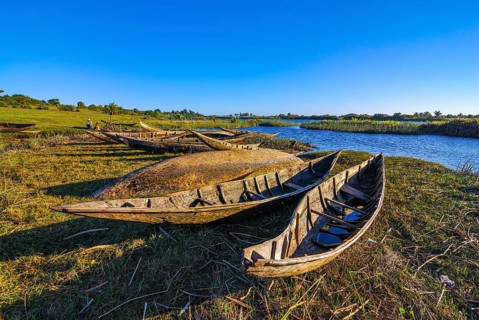 Wooden canoes on the Manakara river on the east coast of Madagascar