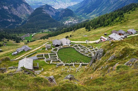 Enclosure made of dry stone walls for traditional alpine pasture management that was originally used for cattle grazing