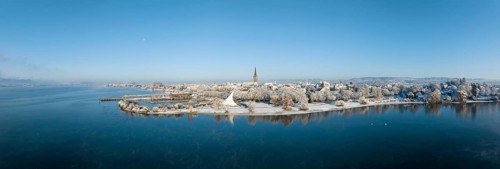 Aerial view of the town of Radolfzell on Lake Constance in winter