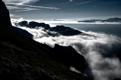 Cloudy atmosphere over the Rhine valley with Swiss mountains