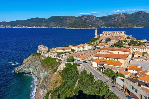 View from Forte Falcone to Portoferraio with the Fortezze Medici and Forte Stella