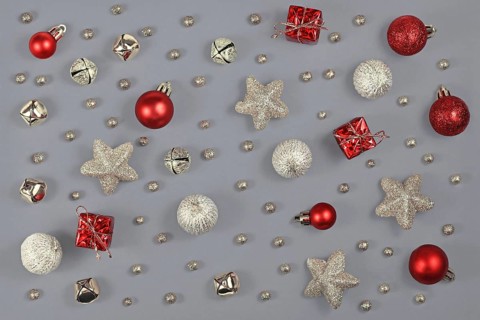 Silver and red Christmas ornaments like small gift boxes