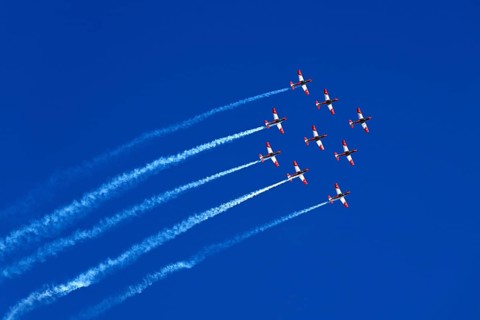 Formation flight of the Patrouille Suisse with the PC-7 team