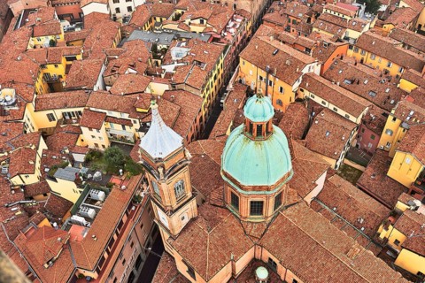 View from the Asinelli Tower of the towers of the churches of Santi Bartolomeo and Gaetano