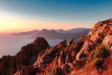 View over the bay of Porto to the rocky landscape of the Calanches de Piana in Corsica