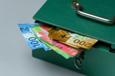 Cash box and Swiss banknotes