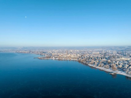 Aerial view of the town of Radolfzell on Lake Constance in winter