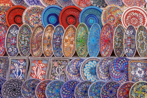 Coloured ceramic plates at the weekly market market in Portoferraio