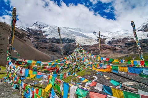 Praying flags on the Karo-La Pass along the Friendship Highway