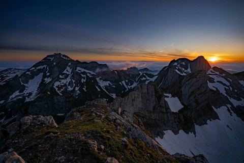 Summit of Saentis and Altmann at sunrise