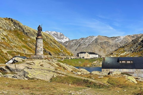 Statue of Saint Bernard behind Hospice and Monastery of the Augustinian Canons