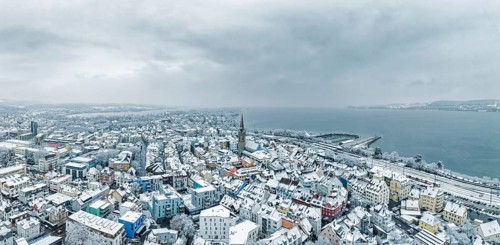Aerial view of the town of Radolfzell on Lake Constance in winter