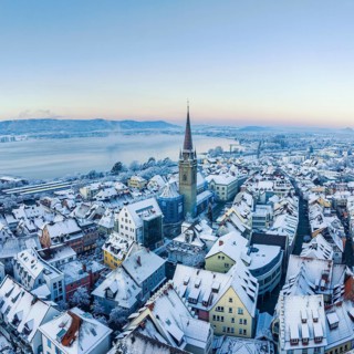 Aerial view of the town of Radolfzell on Lake Constance on a cold winter morning