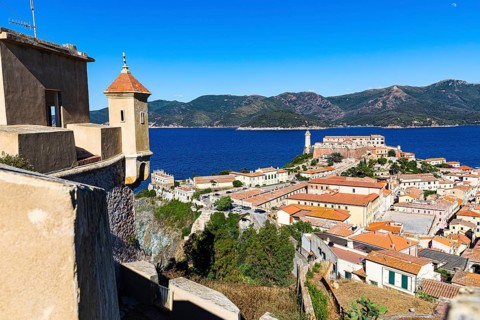 View from Forte Falcone to Portoferraio with the Fortezze Medici and Forte Stella