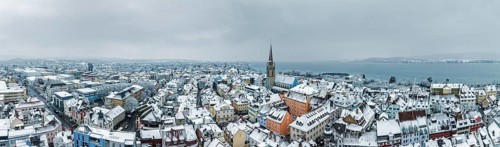 Aerial view of the town of Radolfzell on Lake Constance in winter