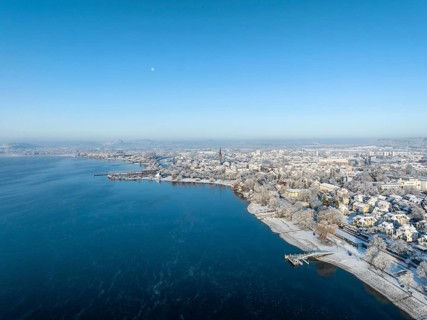Aerial view of the town of Radolfzell on Lake Constance in winter