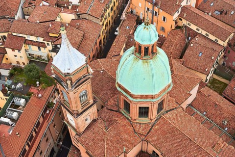 View from the Asinelli Tower of the towers of the churches of Santi Bartolomeo and Gaetano