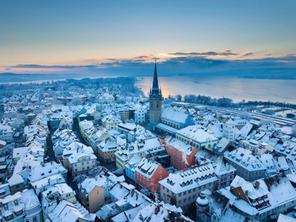 Aerial view of the town of Radolfzell on Lake Constance on a cold winter morning