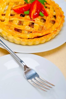 Fresh baked home made beef pie macro closeup