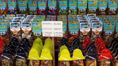 Sweet pastry on display in the window of a shop in Marina di Campo