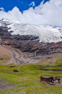 Hut below a glacier on the Karo-La Pass along the Freindship Highway