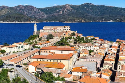 View from Forte Falcone to Portoferraio with the Fortezze Medici and Forte Stella