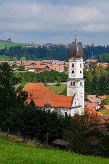 View of the village with the Catholic Parish Church of St. Andrew