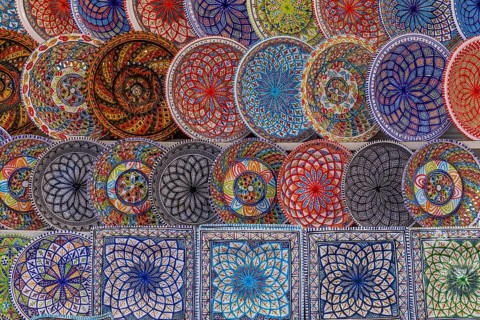 Coloured ceramic plates at the weekly market market in Portoferraio