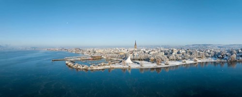 Aerial view of the town of Radolfzell on Lake Constance in winter
