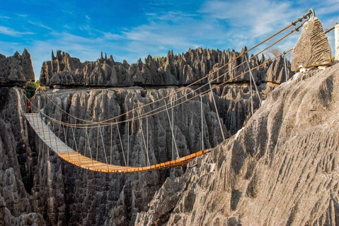Hanging bridge over the Tsingys in the Unesco world heritage sight Tsingy de Bemaraha Strict Nature Reserve