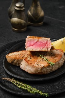 Closeup view of fried tuna steak