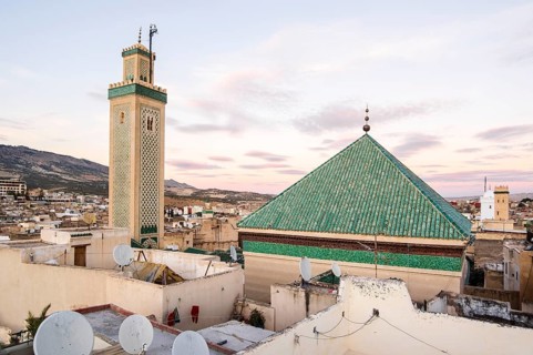 Famous al-Qarawiyyin mosque and University in heart of historic downtown of Fez