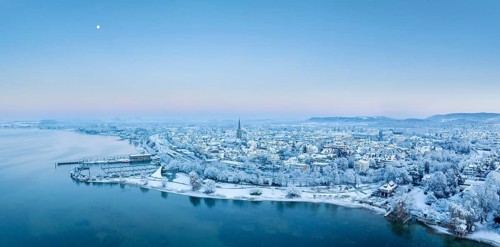 Aerial view of the town of Radolfzell on Lake Constance on a cold winter morning
