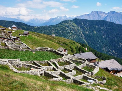 Enclosure made of dry stone walls for traditional alpine pasture management that was originally used for cattle grazing