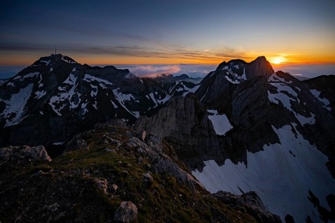Blue hour with dawn over Saentis and Altmann summit